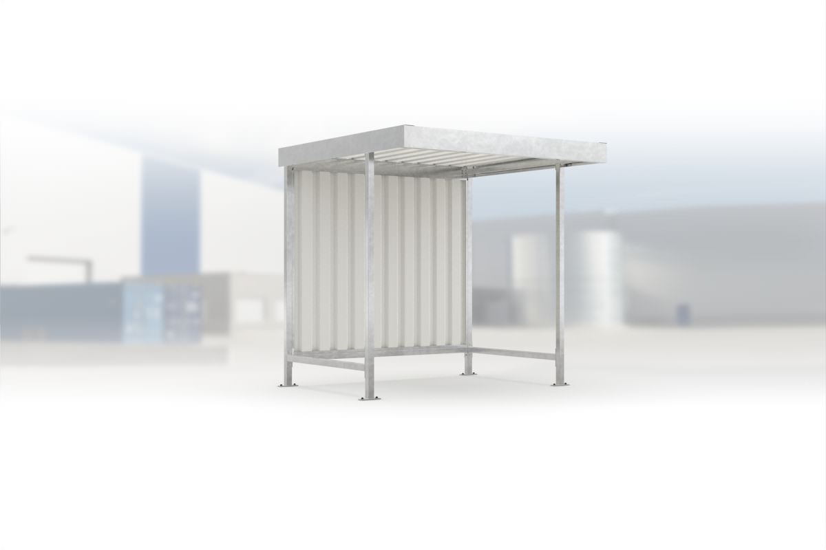 Überdachung Leipzig L10 feuerverzinkt, 2250 × 2200 mm, Flachdach mit Trapezblech, ohne Seitenwände, mit Rückwand – Stahlbausatz zur Eigenaufstellung