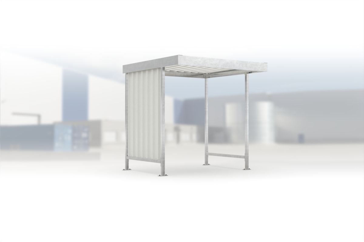 Überdachung Leipzig L10 feuerverzinkt, 2250 × 2200 mm, Flachdach mit Trapezblech, mit Trapezblech-Seitenwand links, offene Rückseite – Stahlbausatz zur Eigenaufstellung