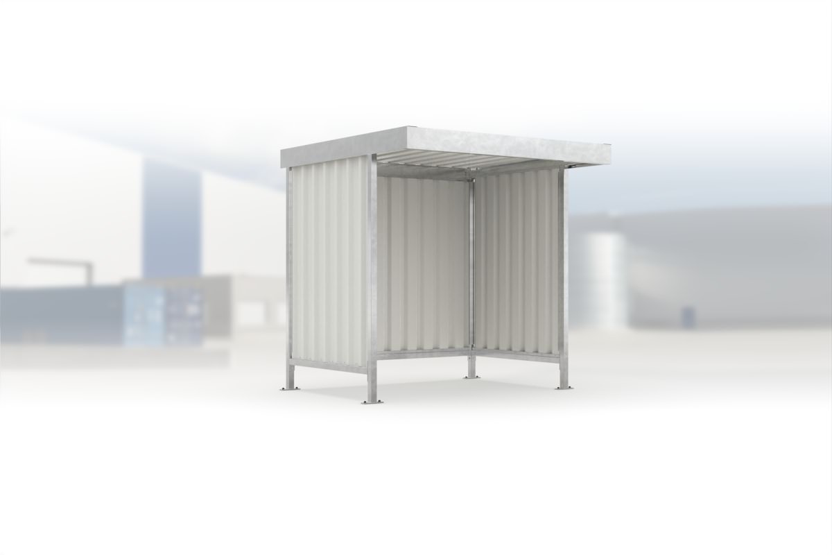 Überdachung Leipzig L10 feuerverzinkt, 2250 × 2200 mm, Flachdach mit Trapezblech, mit Trapezblech-Seitenwänden links und rechts, mit Rückwand – Stahlbausatz zur Eigenaufstellung