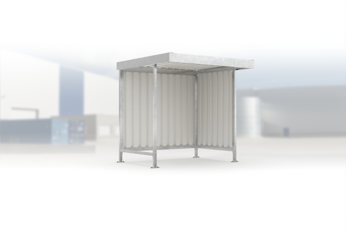 Überdachung Leipzig L10 feuerverzinkt, 2250 × 2200 mm, Flachdach mit Trapezblech, mit Trapezblech-Seitenwand rechts, mit Rückwand – Stahlbausatz zur Eigenaufstellung
