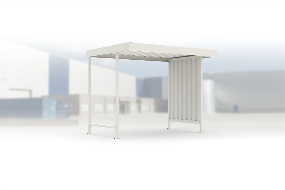 Überdachung Leipzig L12 RAL 9002 grauweiß, 2870 × 2200 mm, Flachdach mit Trapezblech, mit Trapezblech-Seitenwand rechts, offene Rückseite – Stahlbausatz zur Eigenaufstellung