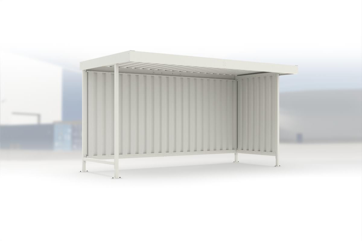 Überdachung Leipzig L14 RAL 9002 grauweiß, 4300 × 2200 mm, Flachdach mit Trapezblech, mit Trapezblech-Seitenwand rechts, mit Rückwand – Stahlbausatz zur Eigenaufstellung