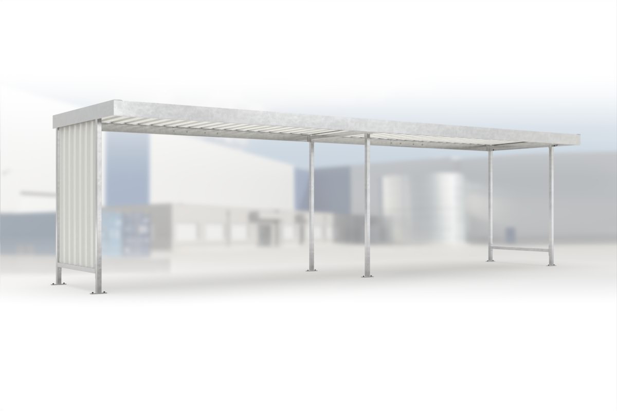 Anbaueinheit Leipzig L15 feuerverzinkt, 4300 × 2200 mm, Flachdach mit Trapezblech, mit Trapezblech-Seitenwand links, offene Rückseite – Stahlbausatz zur Eigenaufstellung