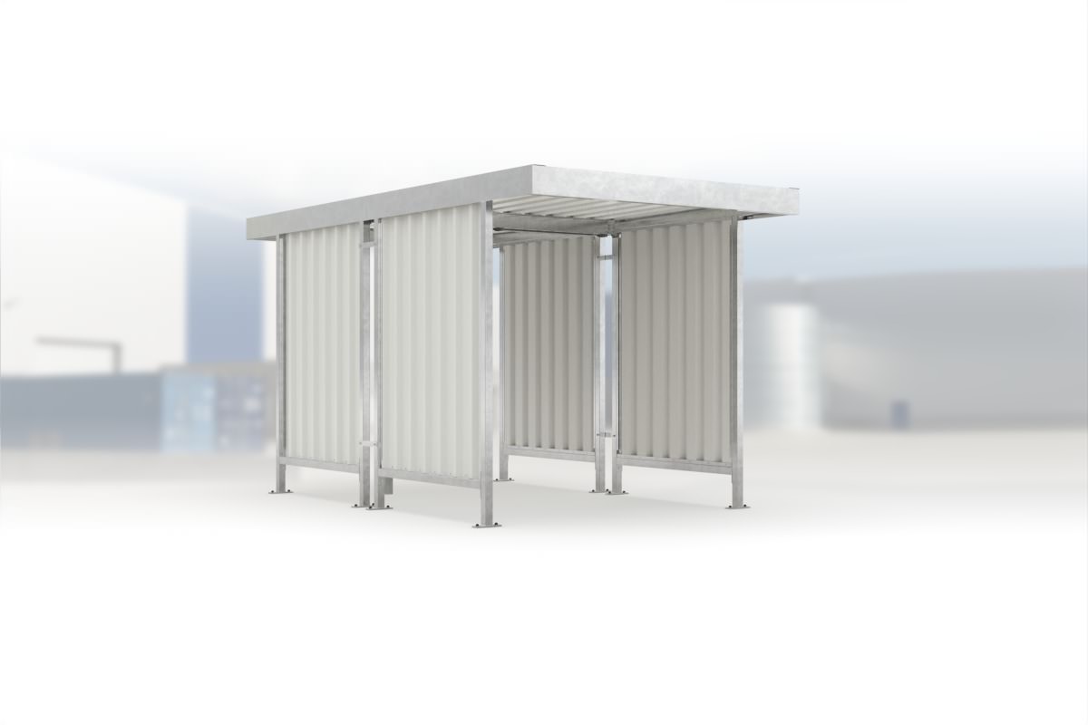 Carport Leipzig L40 feuerverzinkt, 2250 × 4400 mm, Flachdach mit Trapezblech, mit Trapezblech-Seitenwänden links und rechts – Stahlbausatz zur Eigenaufstellung