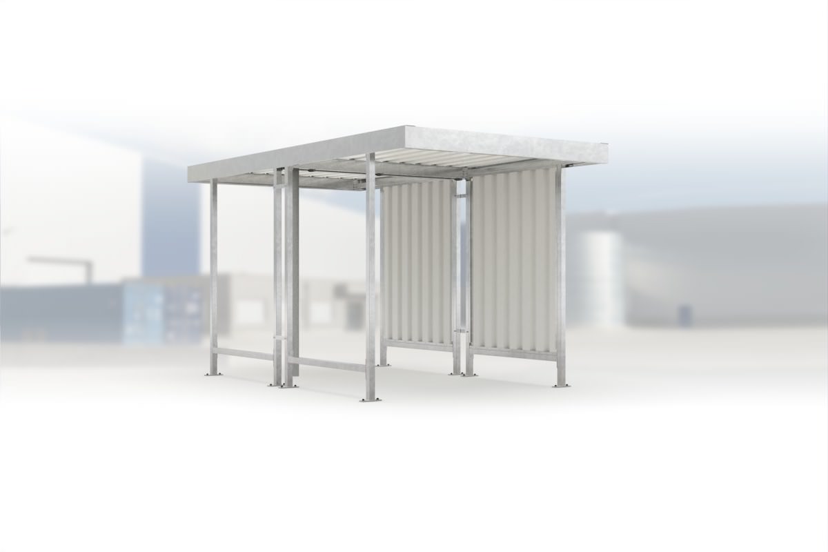 Carport Leipzig L40 feuerverzinkt, 2250 × 4400 mm, Flachdach mit Trapezblech, mit Trapezblech-Seitenwand rechts – Stahlbausatz zur Eigenaufstellung