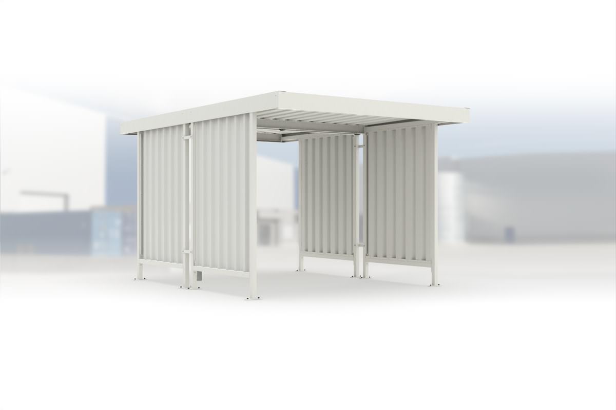 Carport Leipzig L42 RAL 9002 grauweiß, 2870 × 4400 mm, Flachdach mit Trapezblech, mit Trapezblech-Seitenwänden links und rechts – Stahlbausatz zur Eigenaufstellung