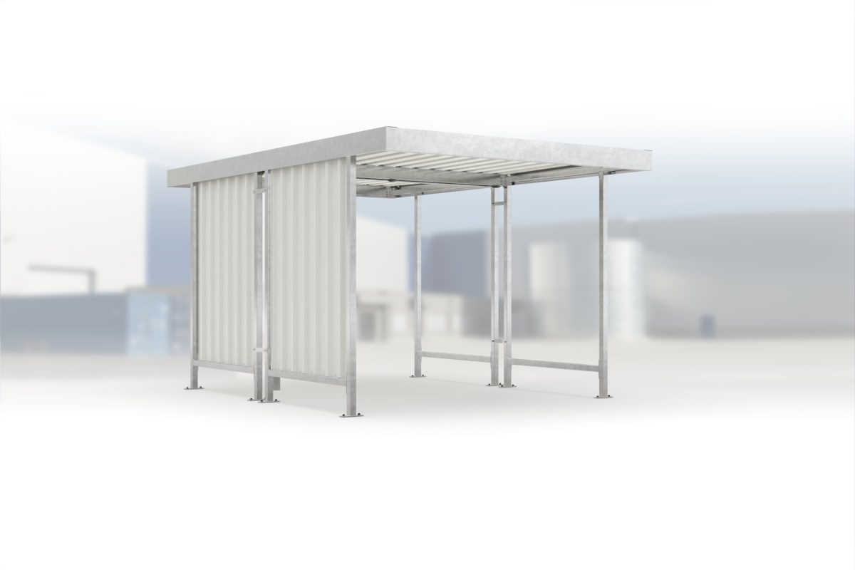 Carport Leipzig L42 feuerverzinkt, 2870 × 4400 mm, Flachdach mit Trapezblech, mit Trapezblech-Seitenwand links – Stahlbausatz zur Eigenaufstellung
