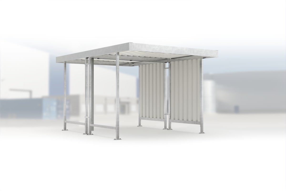 Carport Leipzig L42 feuerverzinkt, 2870 × 4400 mm, Flachdach mit Trapezblech, mit Trapezblech-Seitenwand rechts – Stahlbausatz zur Eigenaufstellung