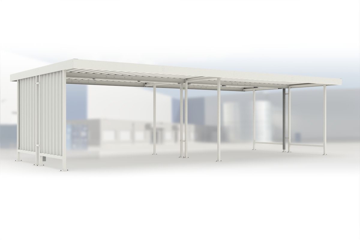 Anbaueinheit Leipzig L45 RAL 9002 grauweiß, 4300 × 4400 mm, Flachdach mit Trapezblech, mit Trapezblech-Seitenwand links – Stahlbausatz zur Eigenaufstellung