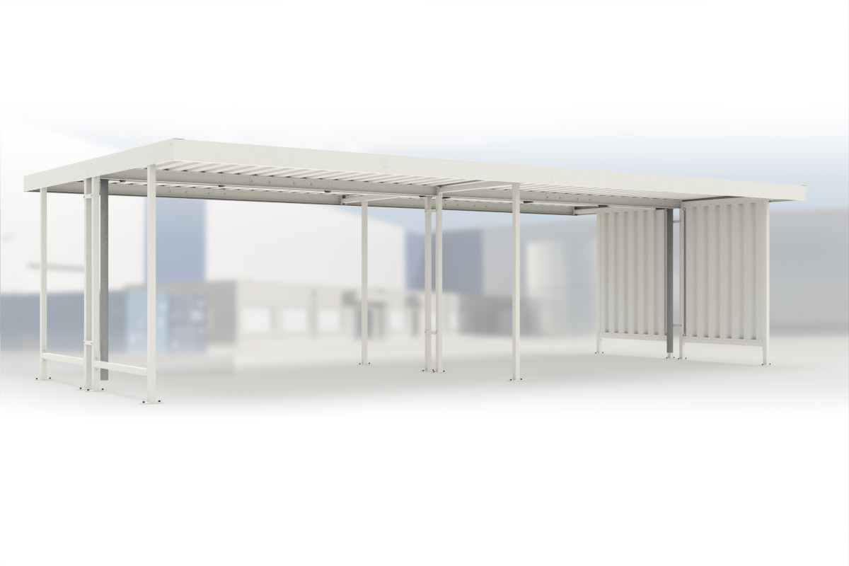 Anbaueinheit Leipzig L45 RAL 9002 grauweiß, 4300 × 4400 mm, Flachdach mit Trapezblech, mit Trapezblech-Seitenwand rechts – Stahlbausatz zur Eigenaufstellung