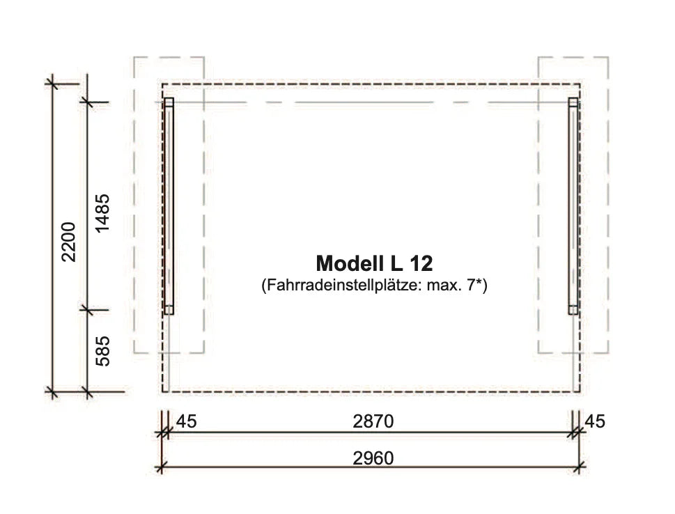 Skizze Überdachung Leipzig Modell L 12 mit Maßen und Fundamentplan für bis zu 7 Fahrräder