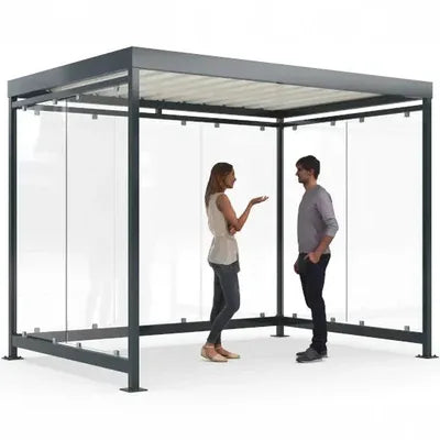 Überdachung Modell Köln – Raucherunterstand mit Glas-Seitenwänden und Glas-Rückwand