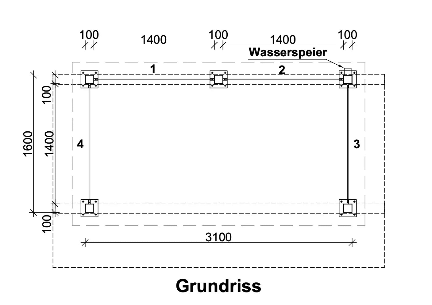 Konstruktionszeichnung Überdachung Passau mit Maßen, Grundriss, Wasserspeier markiert