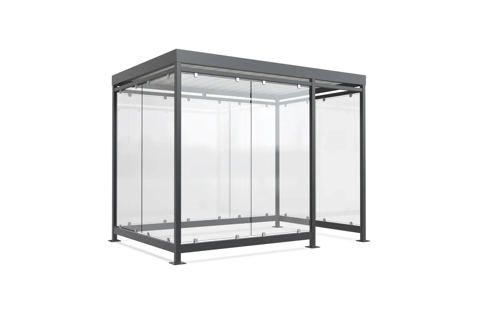 Moderne Überdachung aus Metall und Glas, ideal als Raucherunterstand oder Fahrradunterstand.