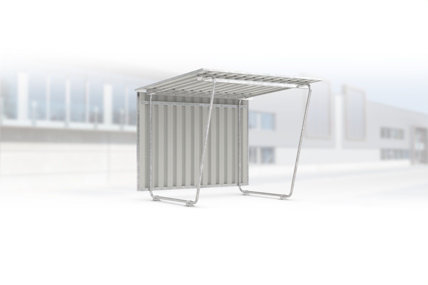 Überdachung Siegen S16 feuerverzinkt, 2145 × 2330 mm, Pultdach mit Trapezblech, ohne Seitenwände, mit Trapezblech-Rückwand – Stahlbausatz zur Eigenaufstellung
