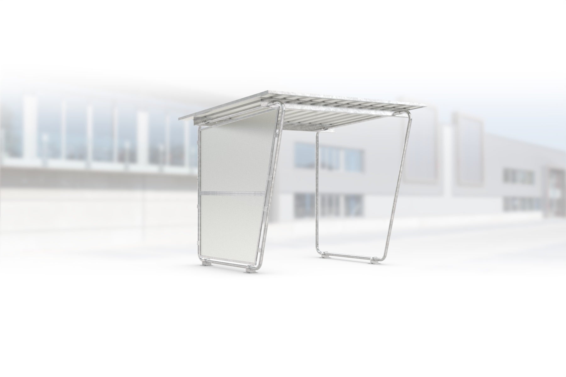 Überdachung Siegen S16 feuerverzinkt, 2145 × 2330 mm, Pultdach mit Trapezblech, mit lichtdurchlässiger Polyester-Seitenwand links, offene Rückseite – Stahlbausatz zur Eigenaufstellung
