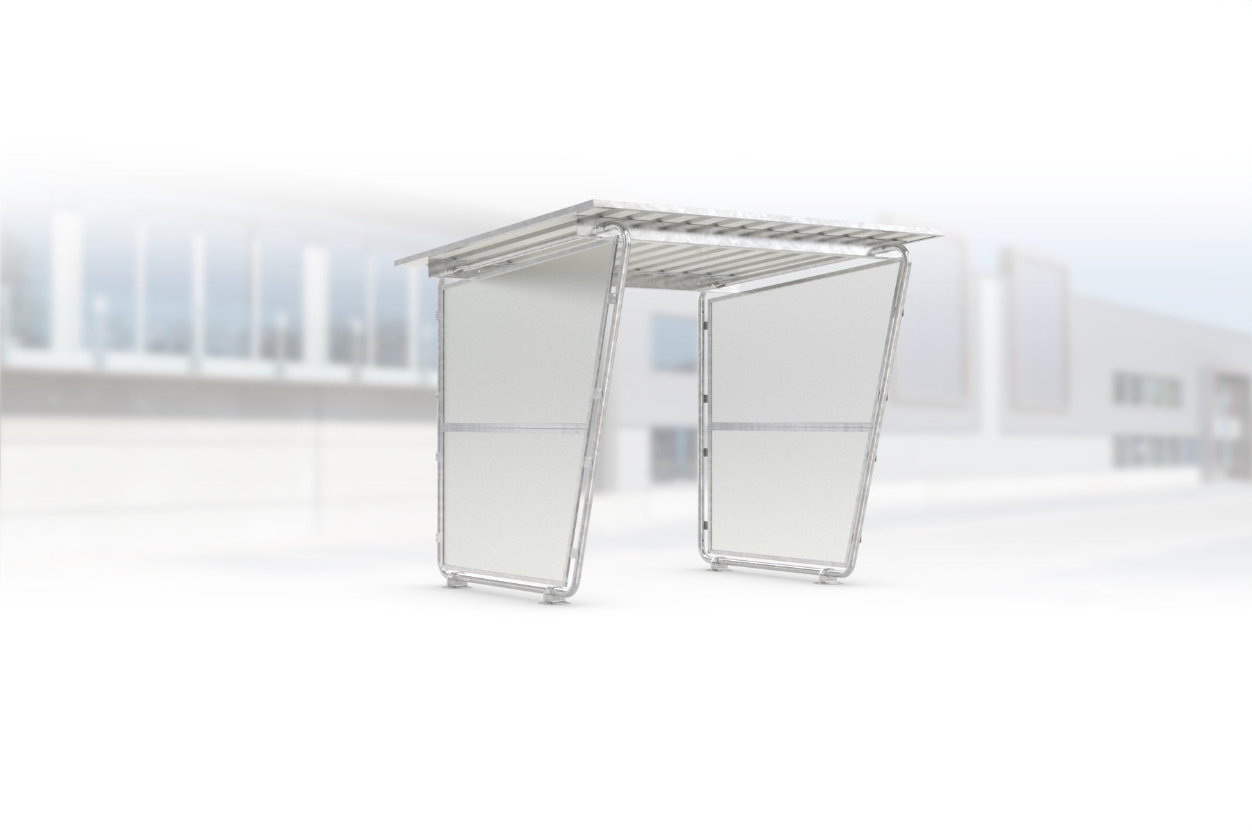 Überdachung Siegen S16 feuerverzinkt, 2145 × 2330 mm, Pultdach mit Trapezblech, mit lichtdurchlässigen Polyester-Seitenwänden links und rechts, offene Rückseite – Stahlbausatz zur Eigenaufstellung
