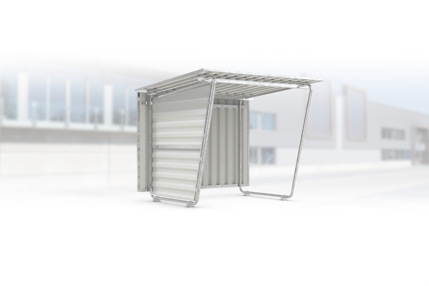 Überdachung Siegen S16 feuerverzinkt, 2145 × 2330 mm, Pultdach mit Trapezblech, mit Trapezblech-Seitenwand links, mit Trapezblech-Rückwand – Stahlbausatz zur Eigenaufstellung
