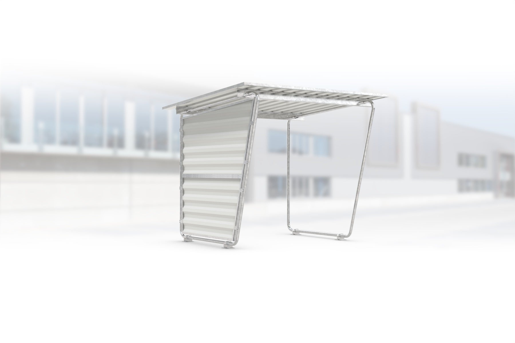 Überdachung Siegen S16 feuerverzinkt, 2145 × 2330 mm, Pultdach mit Trapezblech, mit Trapezblech-Seitenwand links, offene Rückseite – Stahlbausatz zur Eigenaufstellung
