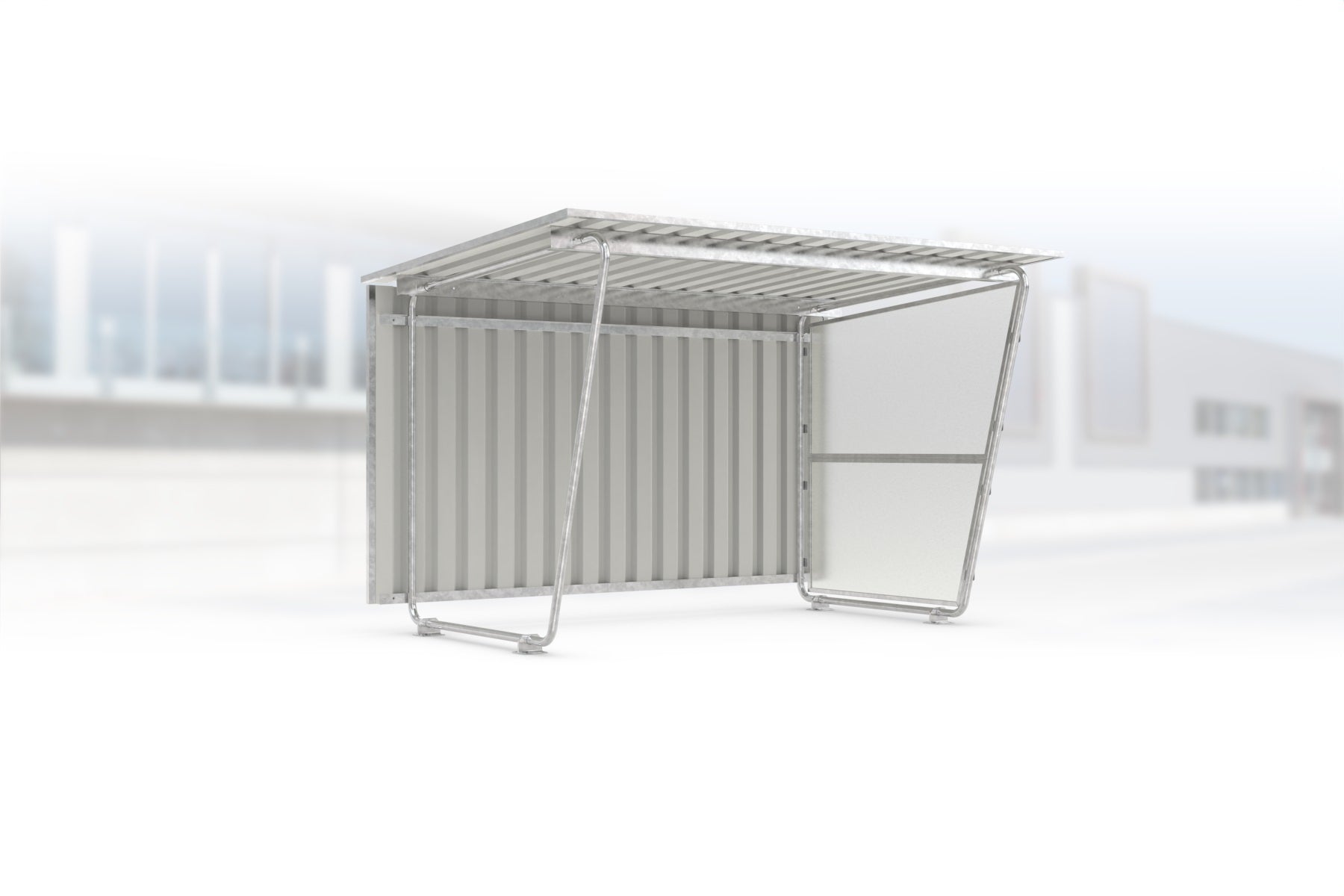 Überdachung Siegen S17 feuerverzinkt, 2975 × 2330 mm, Pultdach mit Trapezblech, mit lichtdurchlässiger Polyester-Seitenwand rechts, mit Trapezblech-Rückwand – Stahlbausatz zur Eigenaufstellung