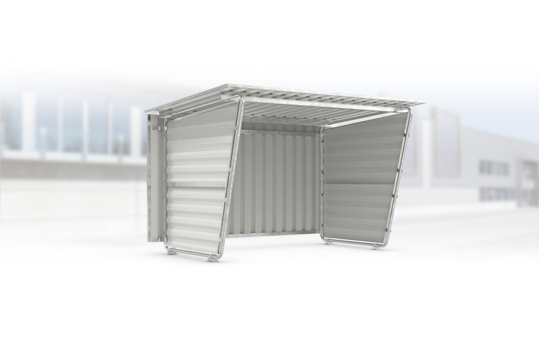 Überdachung Siegen S17 feuerverzinkt, 2975 × 2330 mm, Pultdach mit Trapezblech, mit Trapezblech-Seitenwänden links und rechts, mit Trapezblech-Rückwand – Stahlbausatz zur Eigenaufstellung