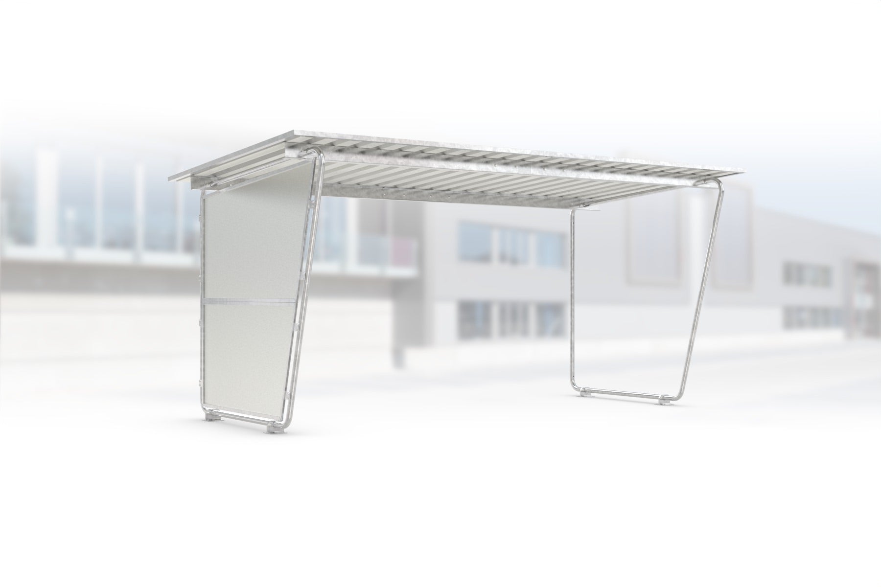 Überdachung Siegen S18 feuerverzinkt, 4300 × 2330 mm, Pultdach mit Trapezblech, mit lichtdurchlässiger Polyester-Seitenwand links, offene Rückseite – Stahlbausatz zur Eigenaufstellung