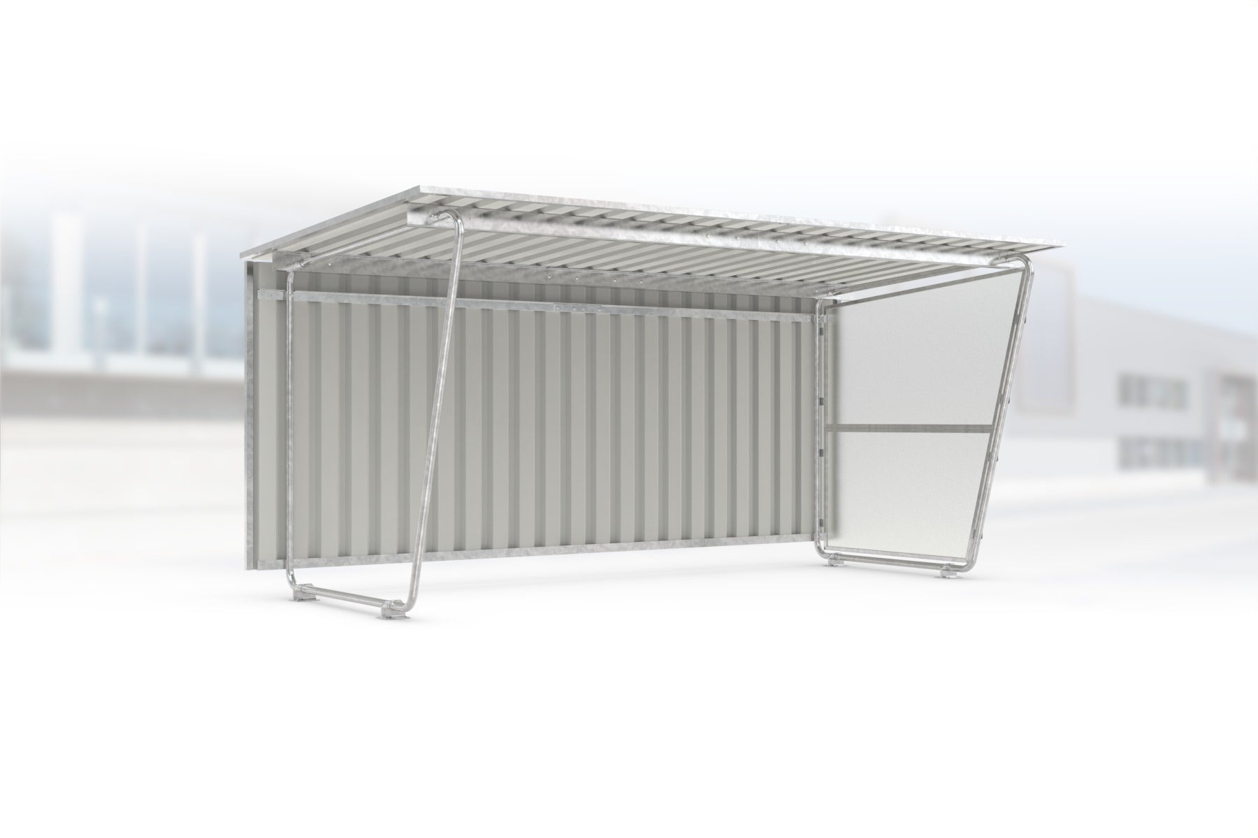 Überdachung Siegen S18 feuerverzinkt, 4300 × 2330 mm, Pultdach mit Trapezblech, mit lichtdurchlässiger Polyester-Seitenwand rechts, mit Trapezblech-Rückwand – Stahlbausatz zur Eigenaufstellung