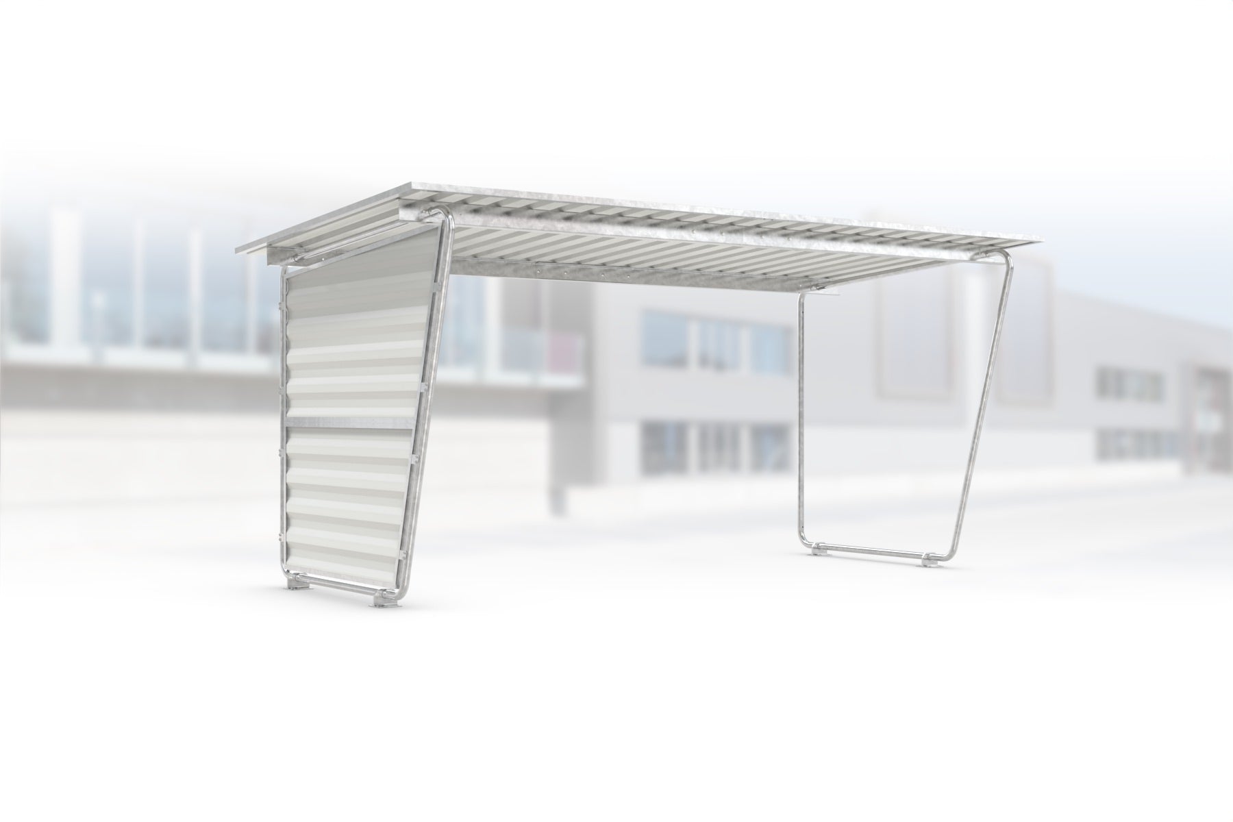 Überdachung Siegen S18 feuerverzinkt, 4300 × 2330 mm, Pultdach mit Trapezblech, mit Trapezblech-Seitenwand links, offene Rückseite – Stahlbausatz zur Eigenaufstellung