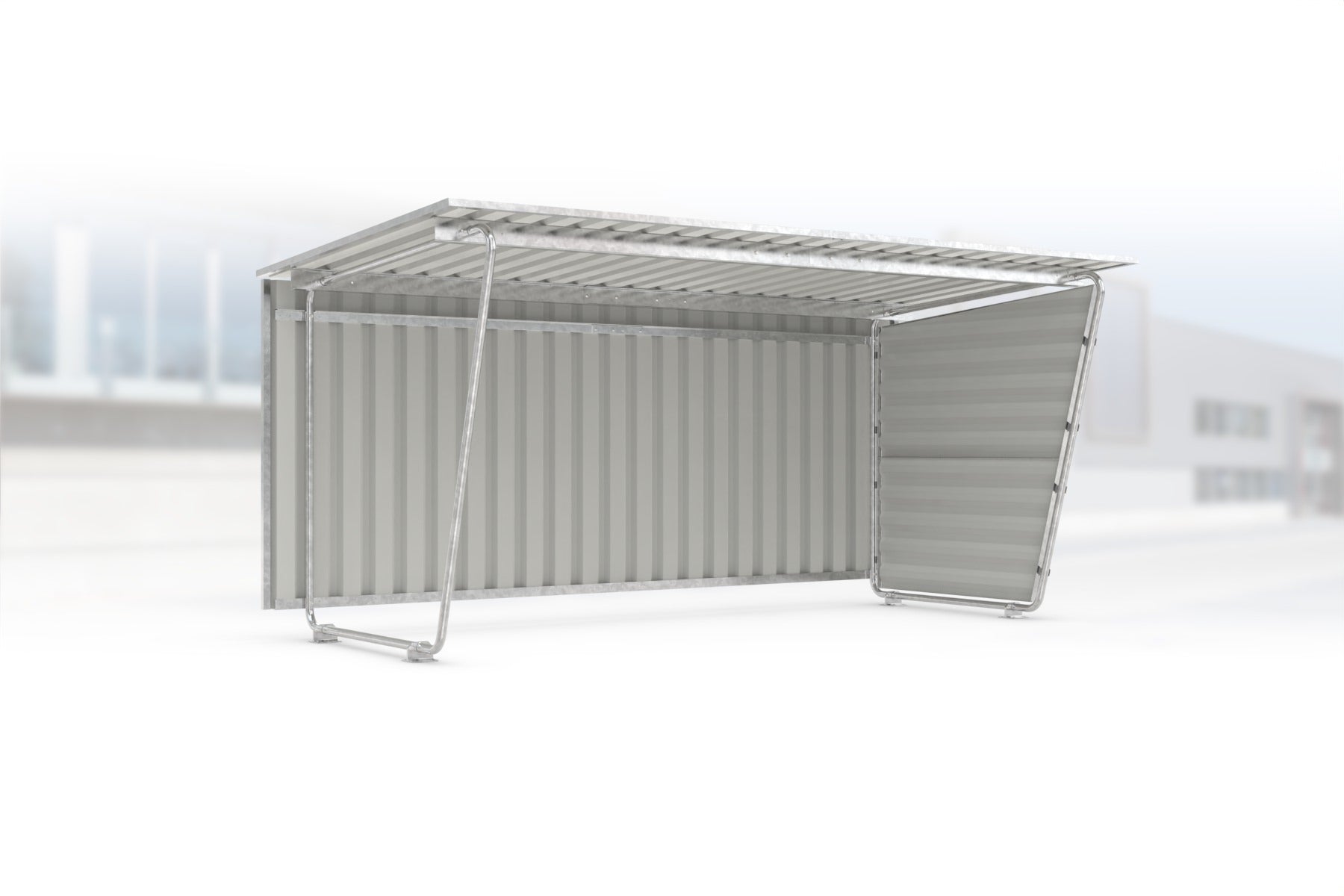 Überdachung Siegen S18 feuerverzinkt, 4300 × 2330 mm, Pultdach mit Trapezblech, mit Trapezblech-Seitenwand rechts, mit Trapezblech-Rückwand – Stahlbausatz zur Eigenaufstellung