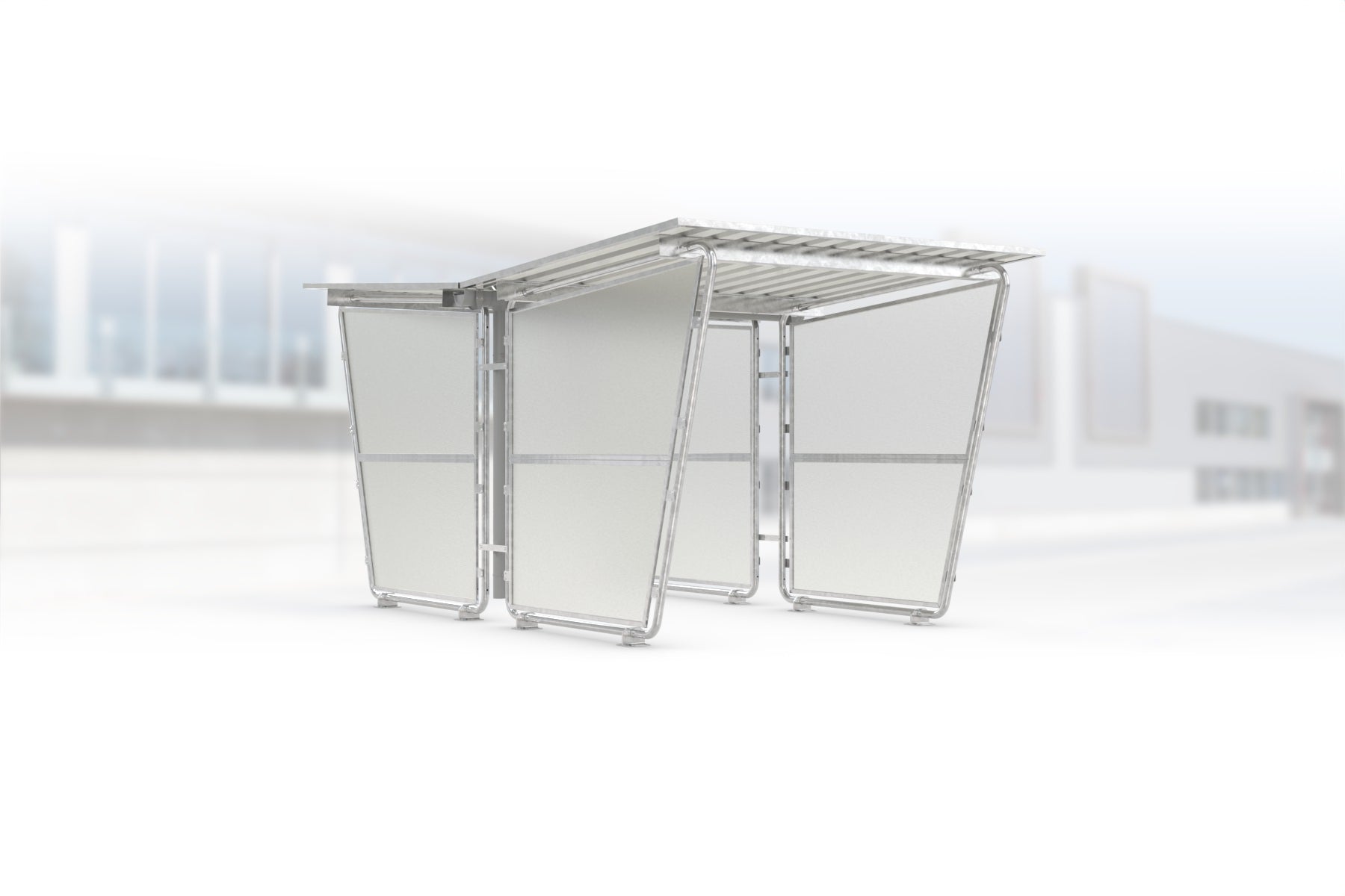 Überdachung Siegen S26 feuerverzinkt, doppelseitig, 2145 × 4660 mm, Pultdach mit Trapezblech, mit lichtdurchlässigen Polyester-Seitenwänden links und rechts, Regenrinne und Fallrohr inklusive – Stahlbausatz zur Eigenaufstellung