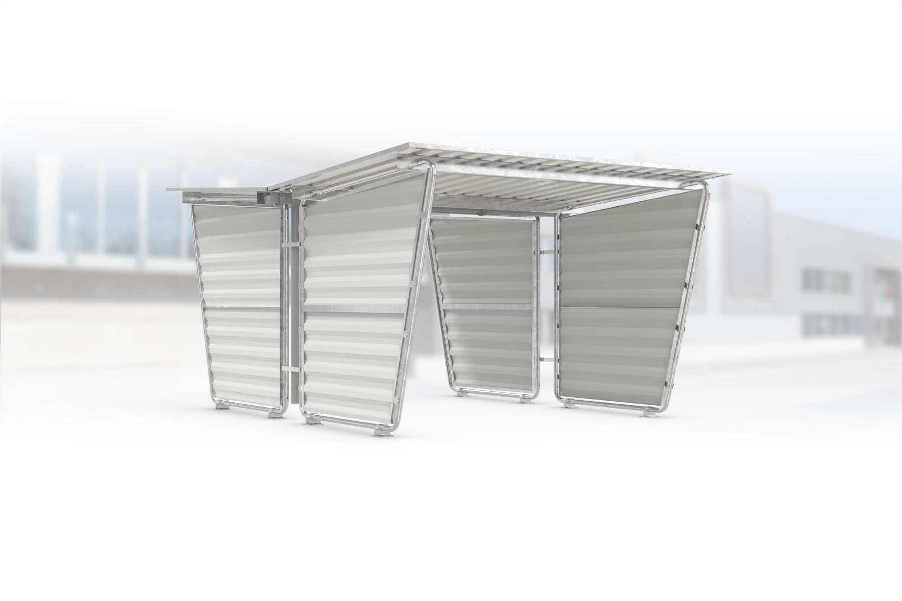 Überdachung Siegen S27 feuerverzinkt, doppelseitig, 2975 × 4660 mm, Pultdach mit Trapezblech, mit Trapezblech-Seitenwänden links und rechts, Regenrinne und Fallrohr inklusive – Stahlbausatz zur Eigenaufstellung