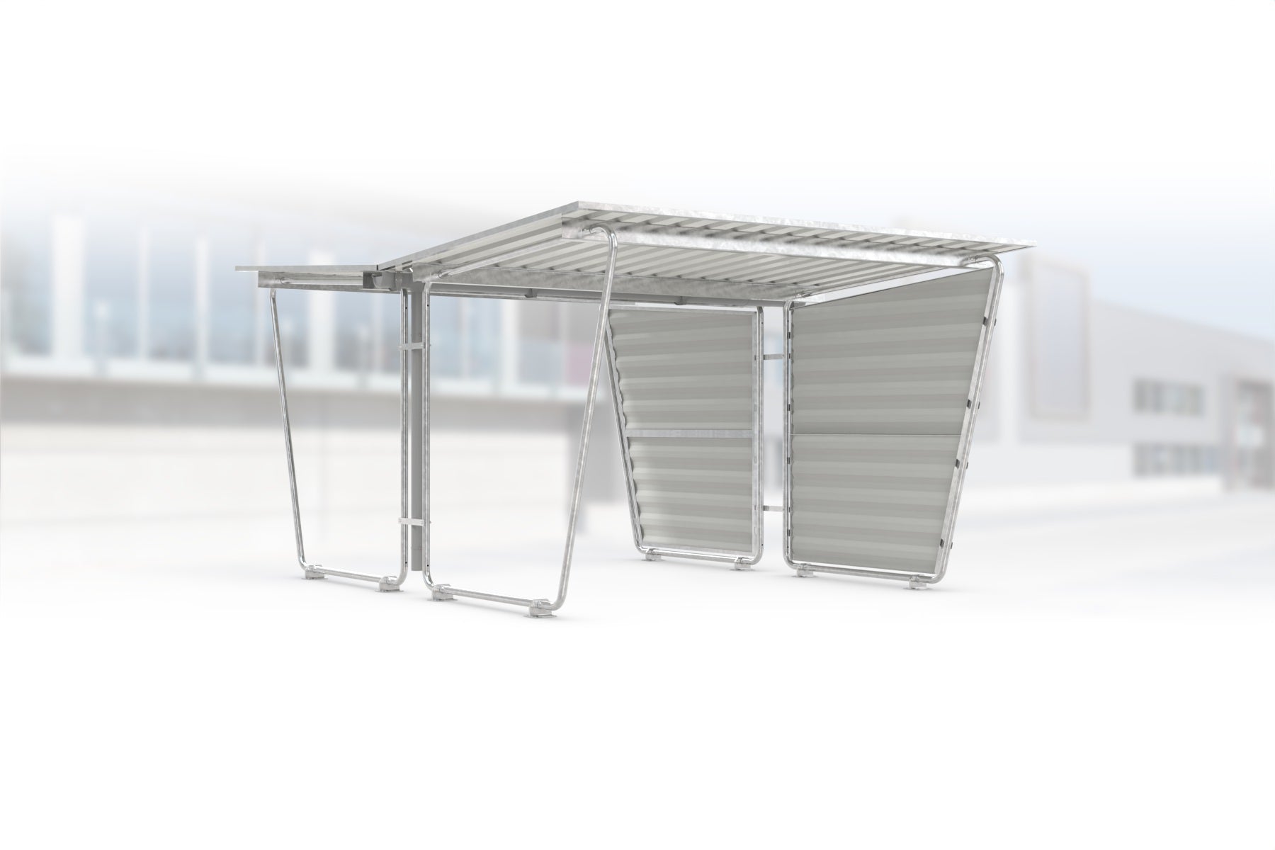 Überdachung Siegen S27 feuerverzinkt, doppelseitig, 2975 × 4660 mm, Pultdach mit Trapezblech, mit Trapezblech-Seitenwand rechts, Regenrinne und Fallrohr inklusive – Stahlbausatz zur Eigenaufstellung