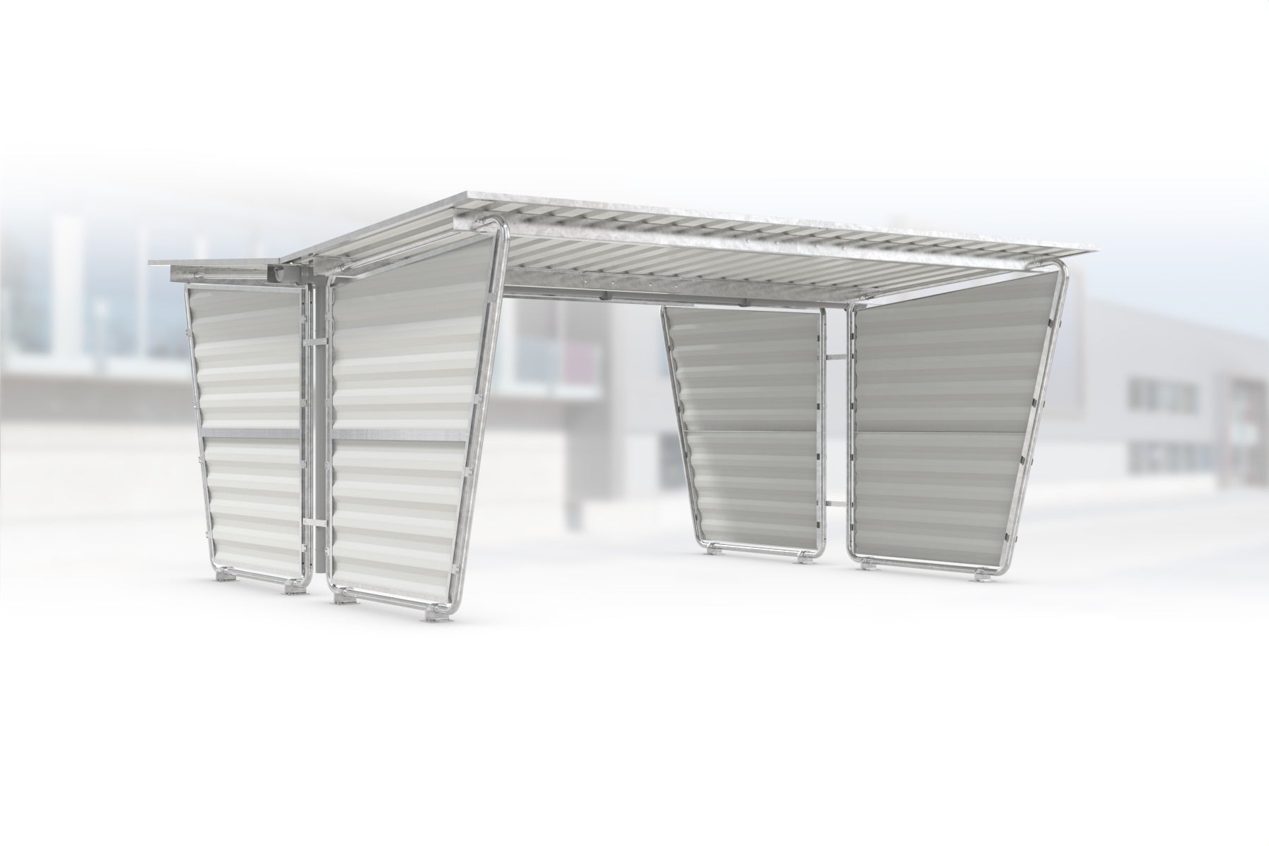Überdachung Siegen S28 feuerverzinkt, doppelseitig, 4300 × 4660 mm, Pultdach mit Trapezblech, mit Trapezblech-Seitenwänden links und rechts, Regenrinne und Fallrohr inklusive – Stahlbausatz zur Eigenaufstellung