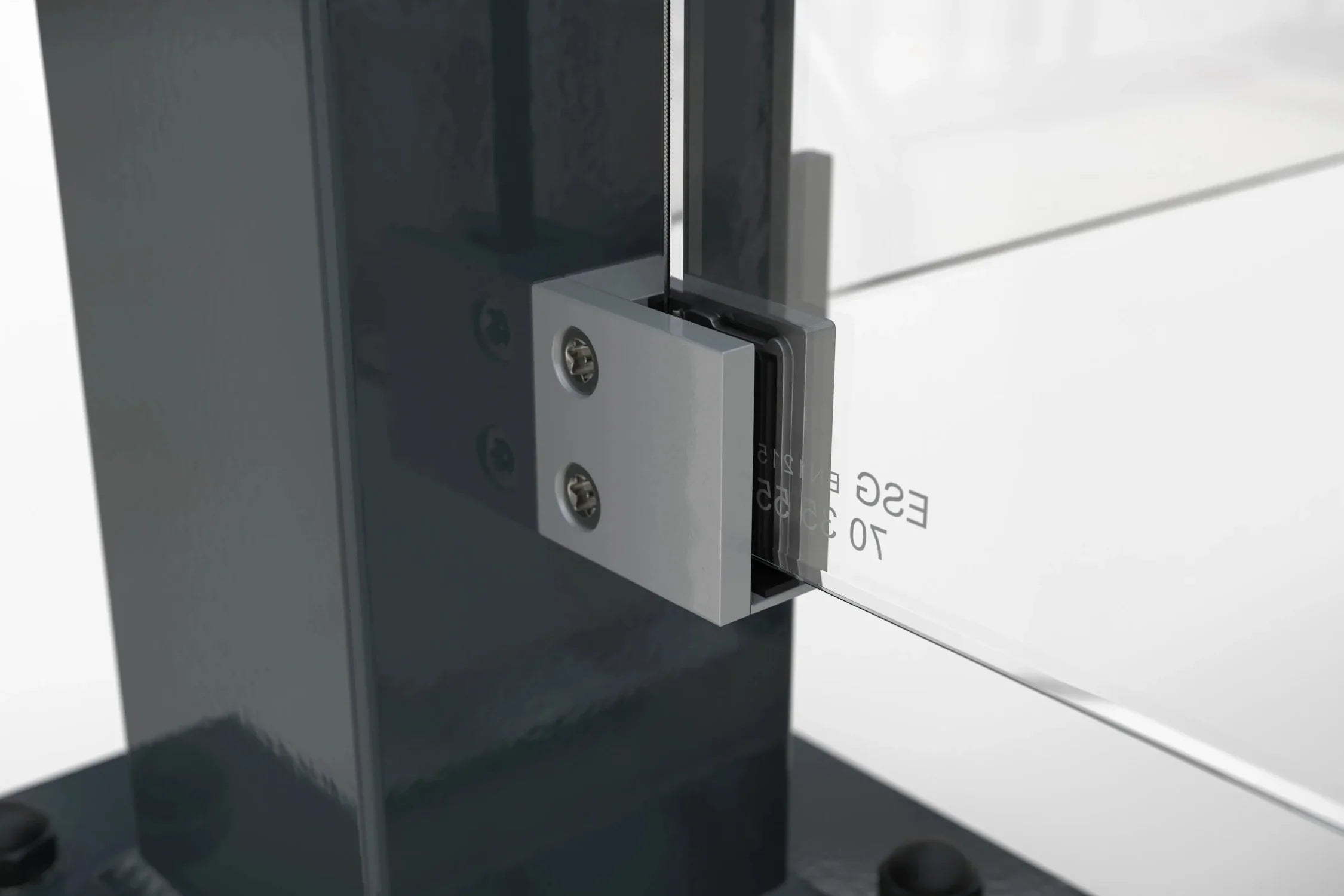 Detailansicht Befestigung von Glasplatte an Metallpfosten, Unterstand Überdachung Passau