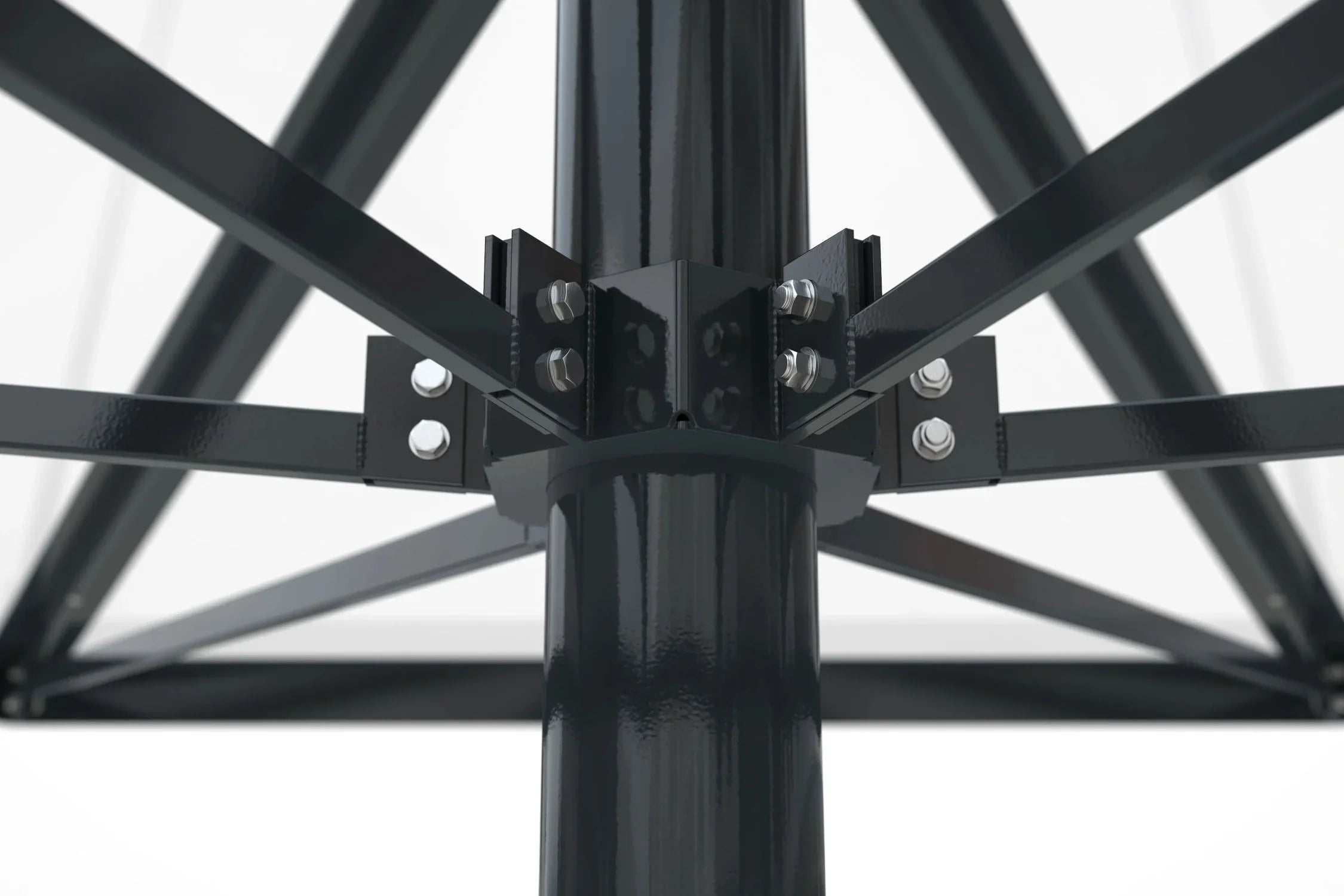 Detailaufnahme Metallkonstruktion Überdachung, schwarze Stahlträger mit Schraubverbindungen