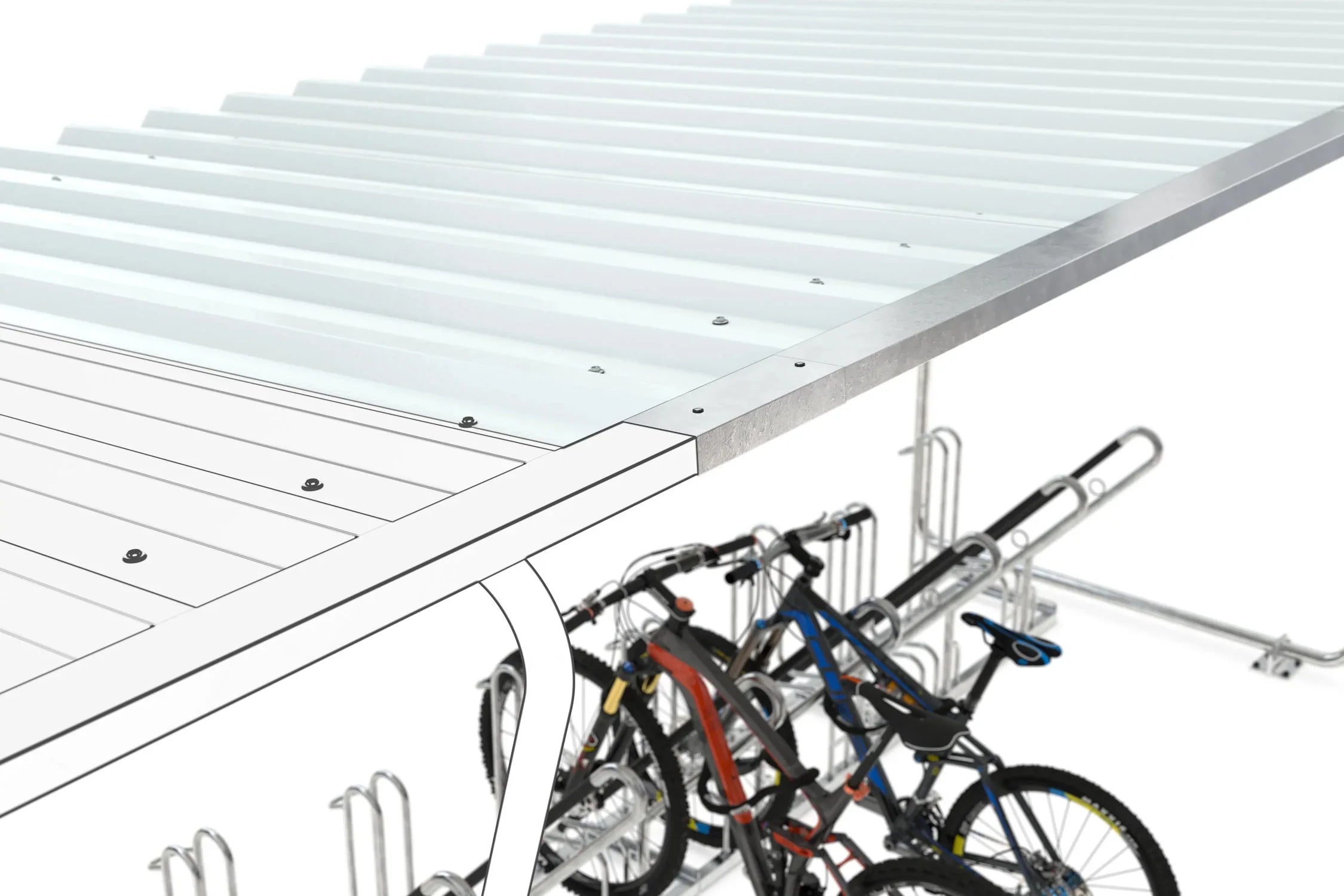 Metallüberdachung mit Fahrradständern und mehreren abgestellten Fahrrädern, Detailansicht