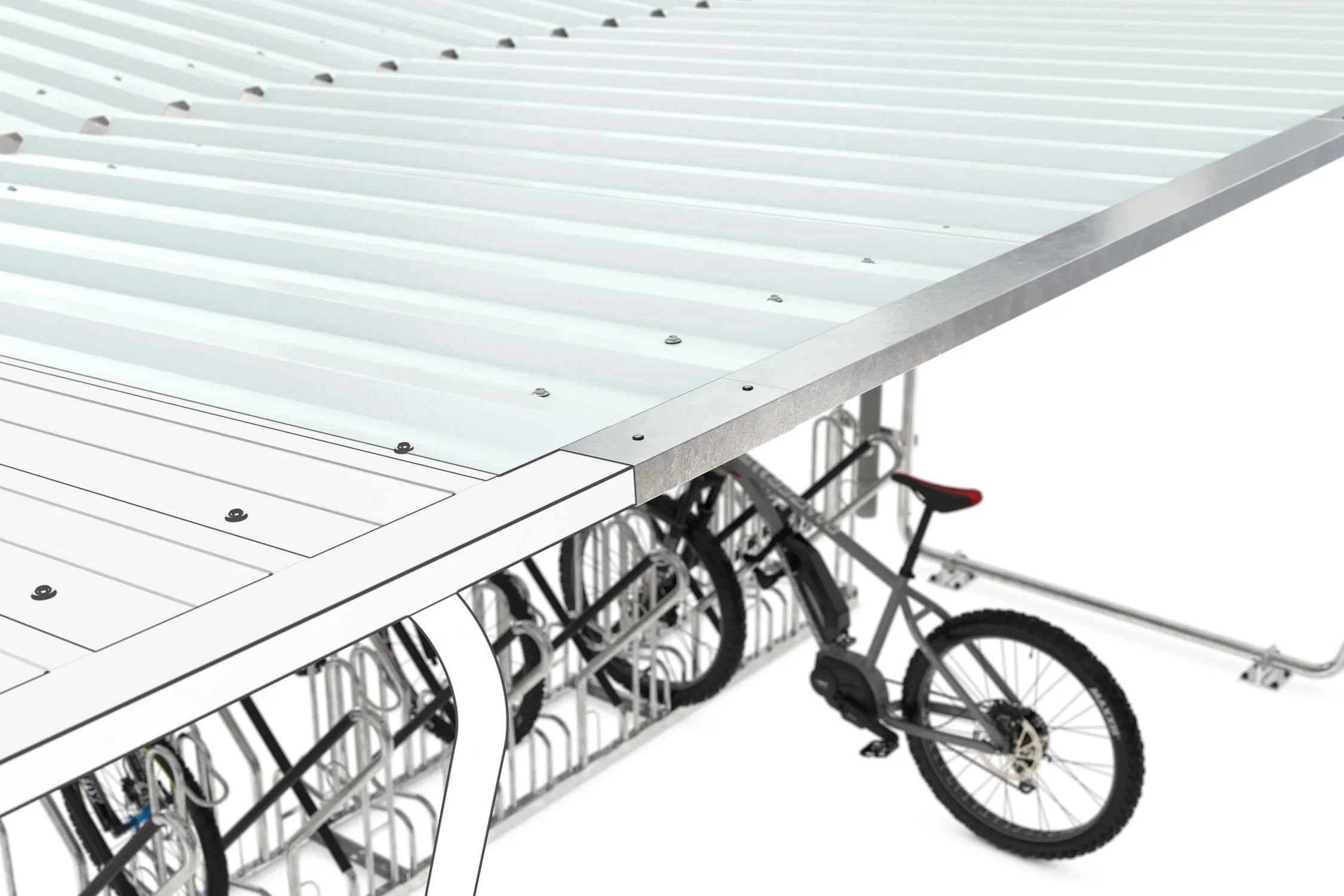 Detailansicht Metall-Überdachung mit Fahrradständern für Fahrradunterstand
