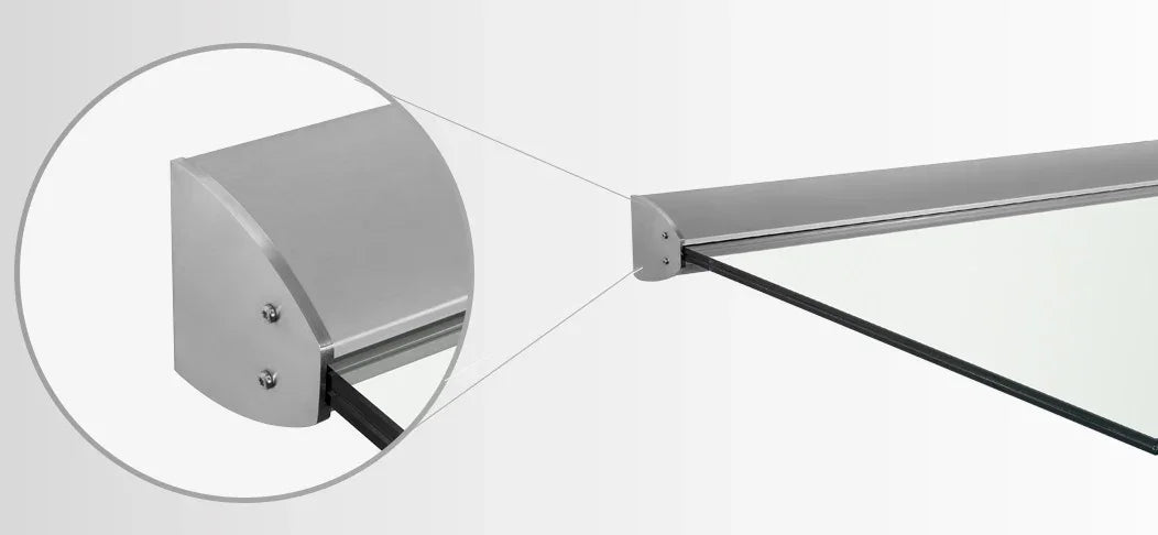 Modernes Vordach aus Aluminium und Glas, Detailansicht der stabilen Halterung