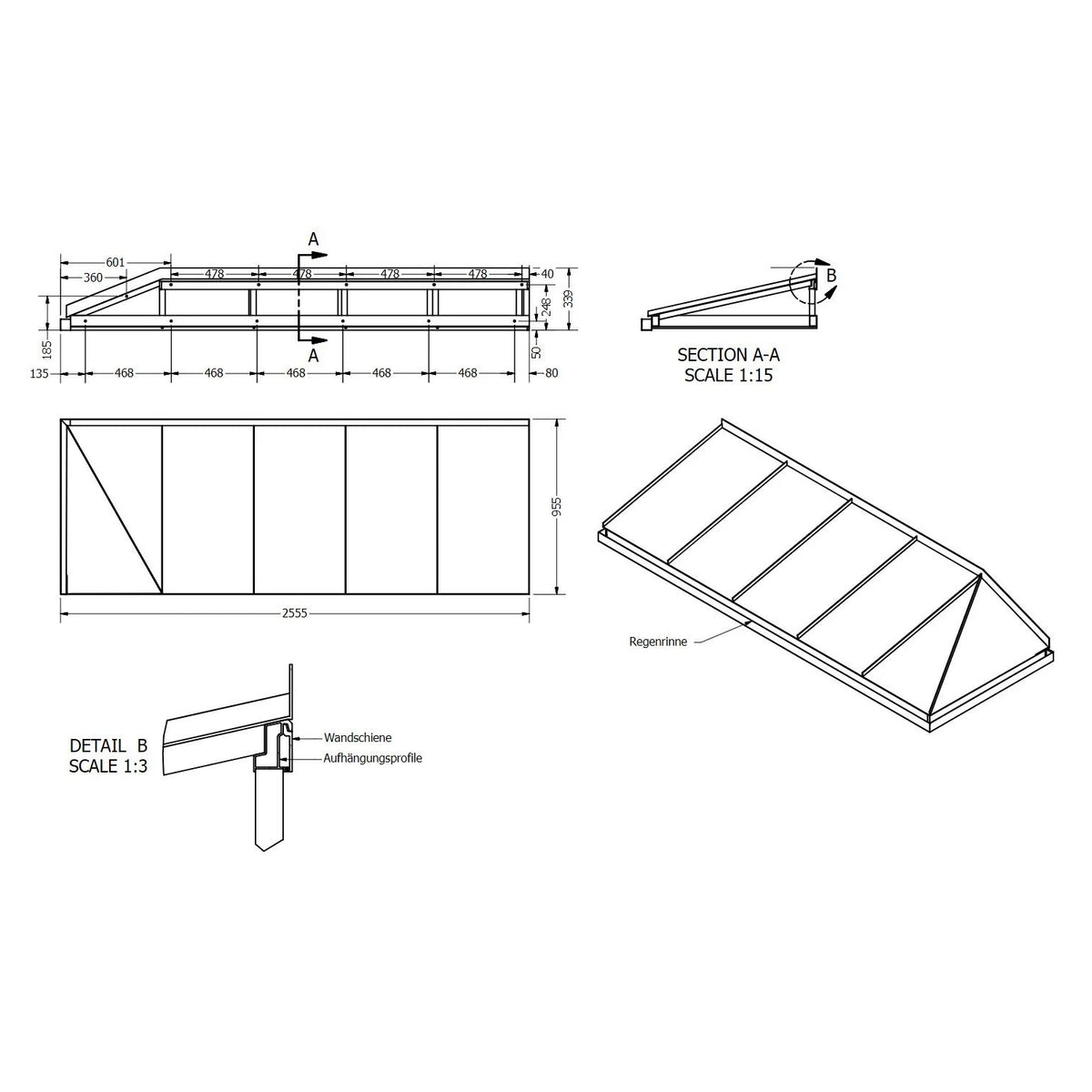 Maßzeichnung Vordach Amberg 2 2550 × 955 mm