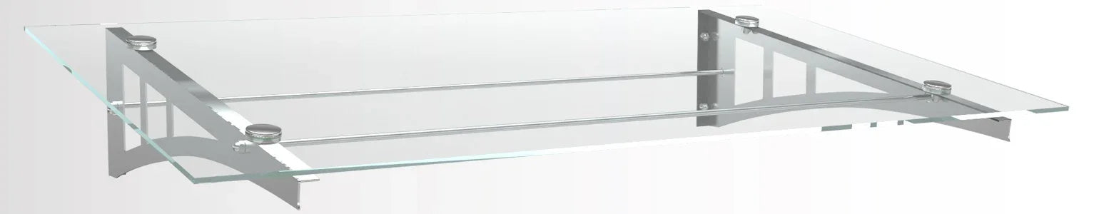 Modernes Vordach aus Edelstahl mit Klarglas und seitlichen Halterungen
