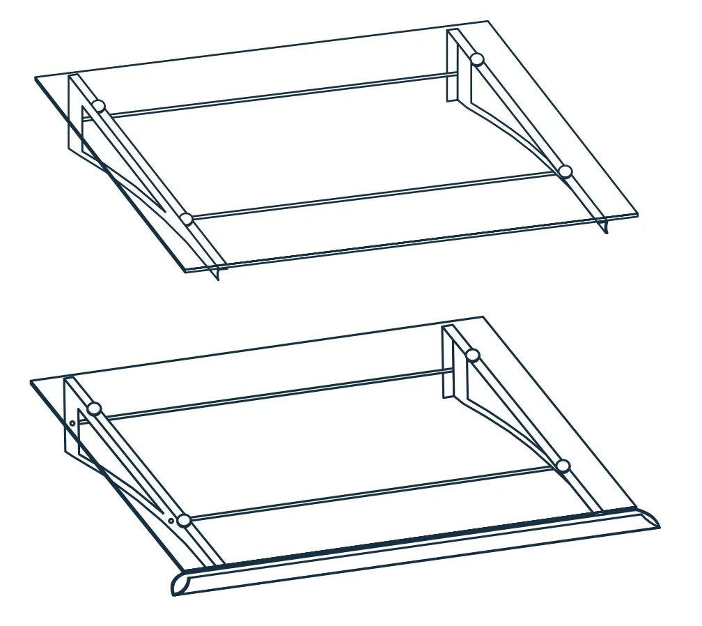 Skizze eines Vordachs aus Edelstahl mit VSG-Glas und integrierter Regenrinne