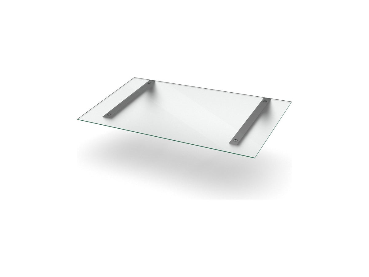 Vordach Erlangen 1500 mm mit silbernen Konsolen und satiniertem Milchglas, zwei Konsolen #Material Dach_Milchglas