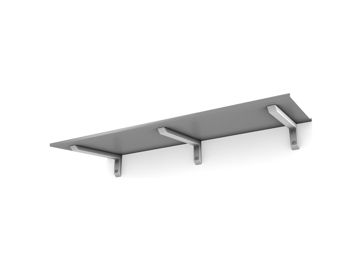 Vordach Erlangen 2000 mm von unten, silbernes Aluminiumdach mit weißen Konsolen #Material Dach_Aluminium Silber