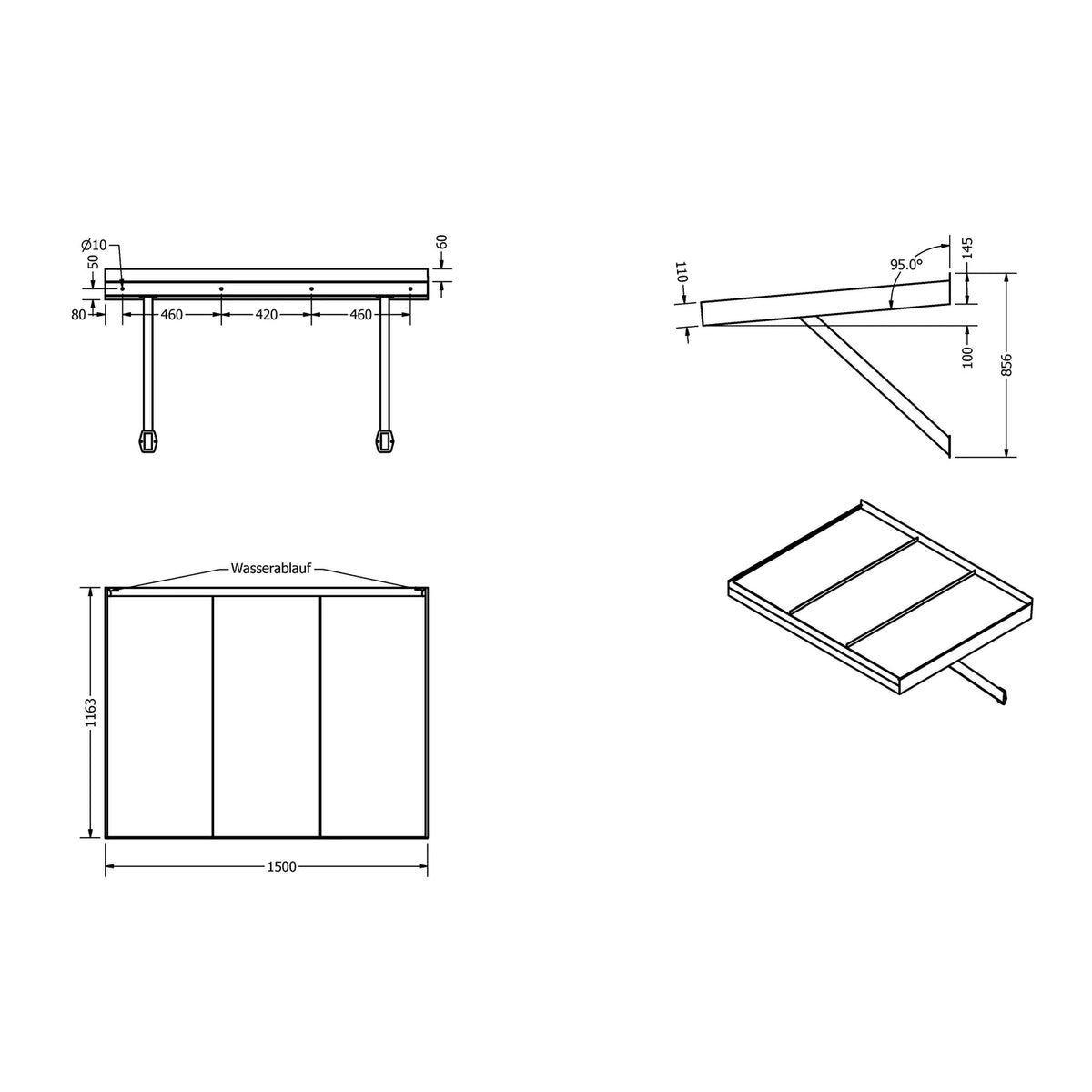 Maßzeichnung Vordach Landau Konsolen 1500 × 1155 mm