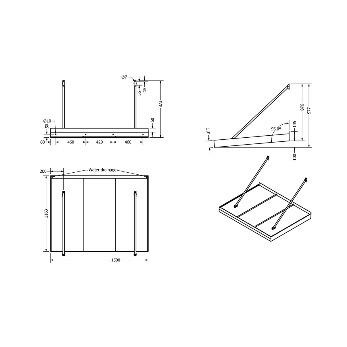 Maßzeichnung Vordach Landau Zugstangen 1500 × 1155 mm