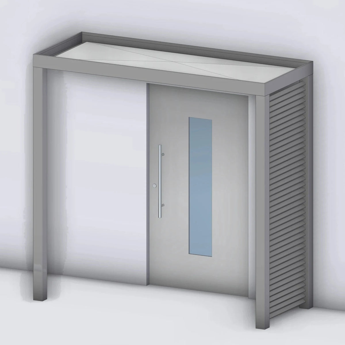 Vordach Platin 125 mit Aluminium-Sprossenseitenteil rechts und Eckstütze links, Rendering