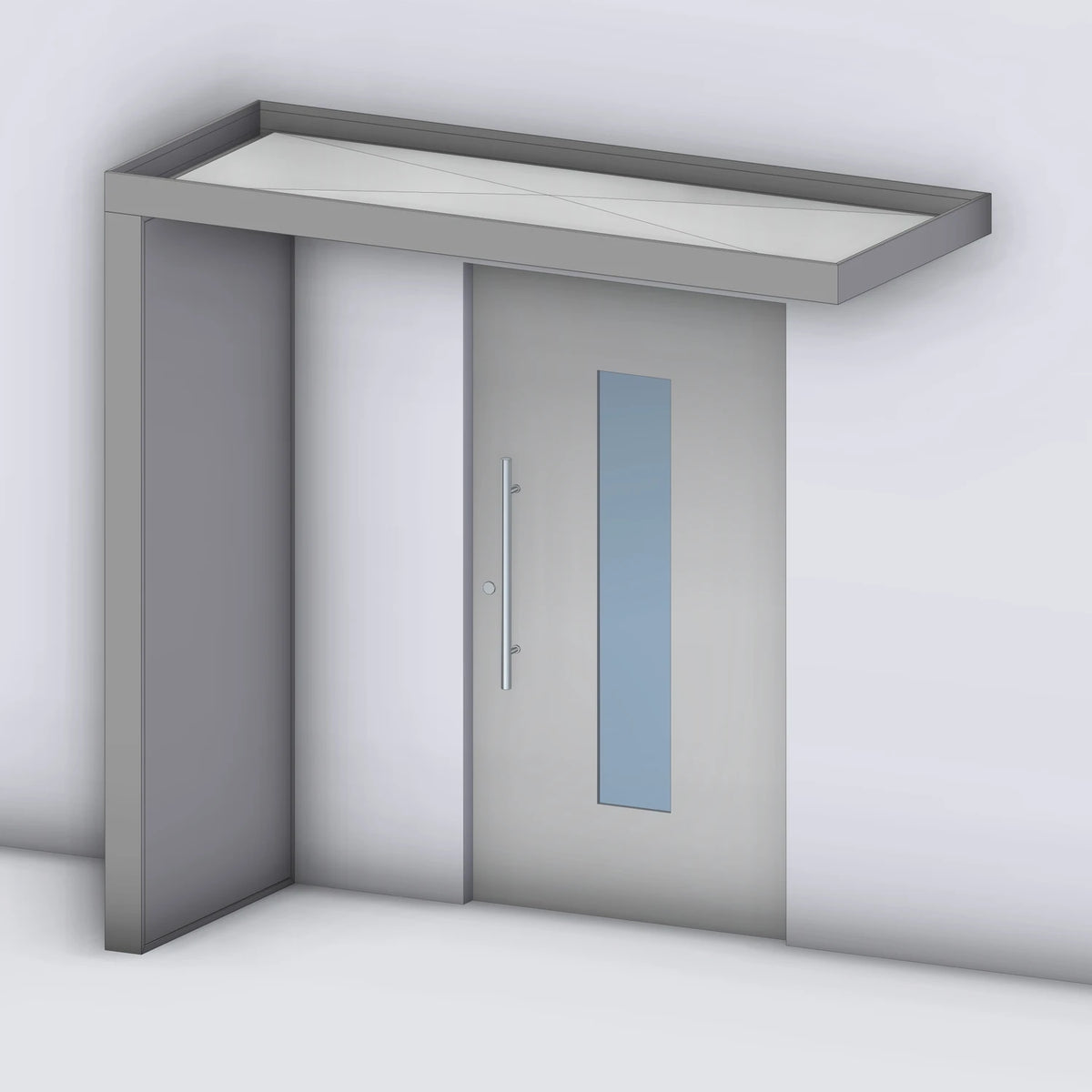 Vordach Platin 125 mit geschlossenem Aluminium-Seitenteil links, Rendering