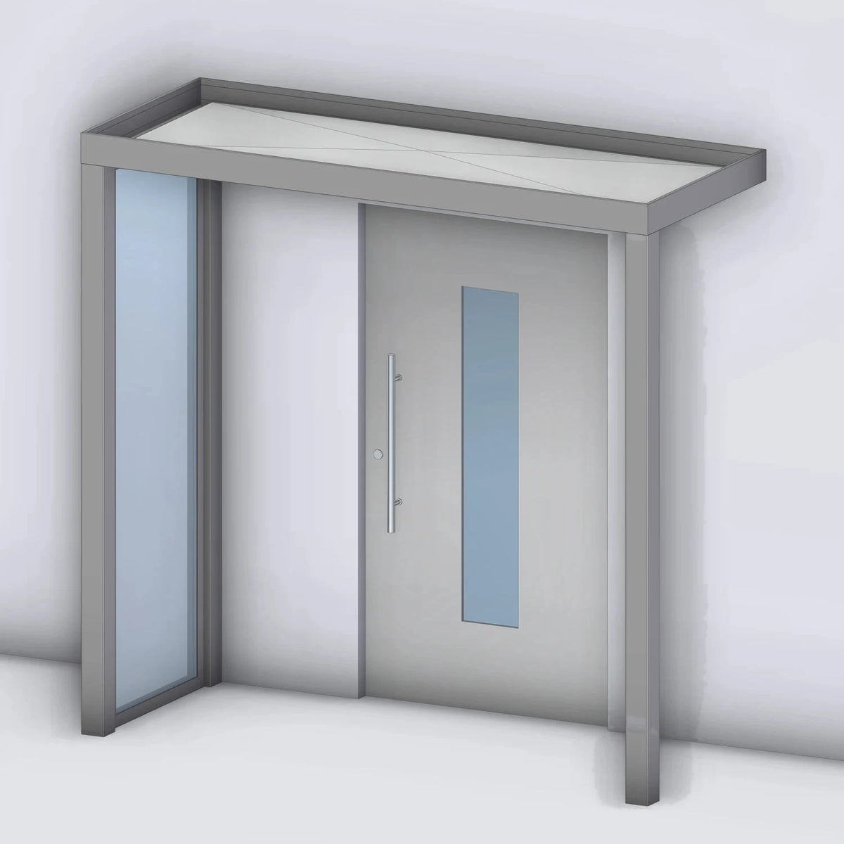 Vordach Platin 125 mit Glas-Seitenteil links und Eckstütze rechts, Rendering