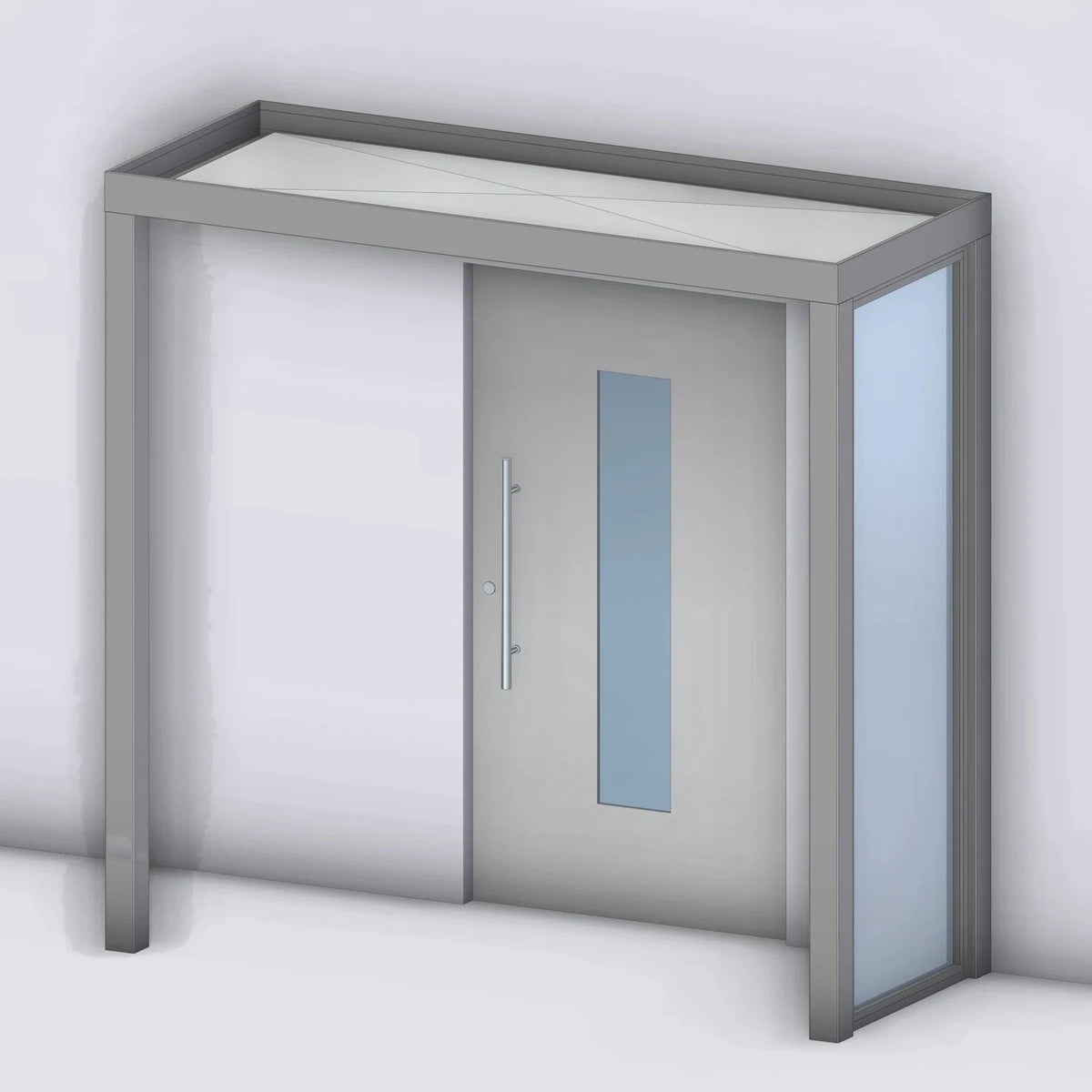 Vordach Platin 125 mit Glas-Seitenteil rechts und Eckstütze links, Rendering