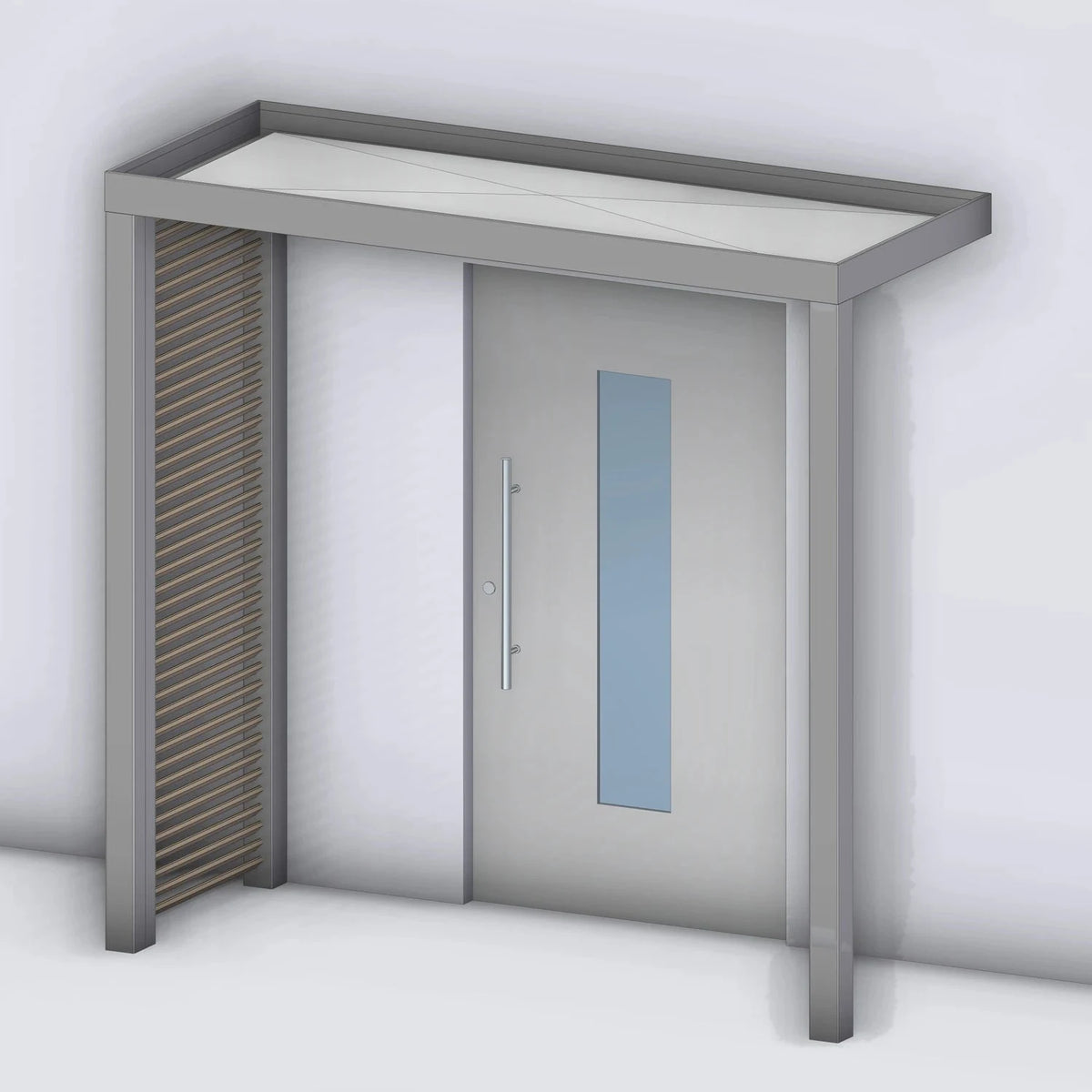 Vordach Platin 125 mit Holz-Sprossenseitenteil links und Eckstütze rechts, Rendering
